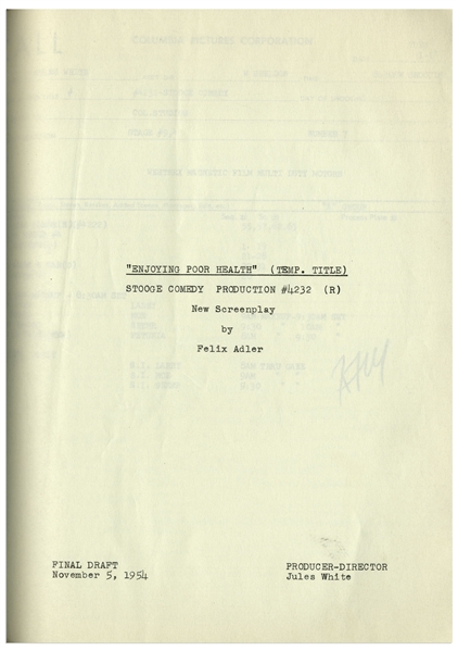Moe Howard's Multi-Signed Script for The Three Stooges 1951 Film ''Wham-Bam-Slam!'', With Working Title ''Enjoying Poor Health''